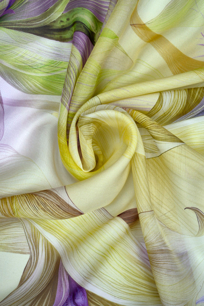 MuÅlin jedwabny kwiaty limonka z fioletem